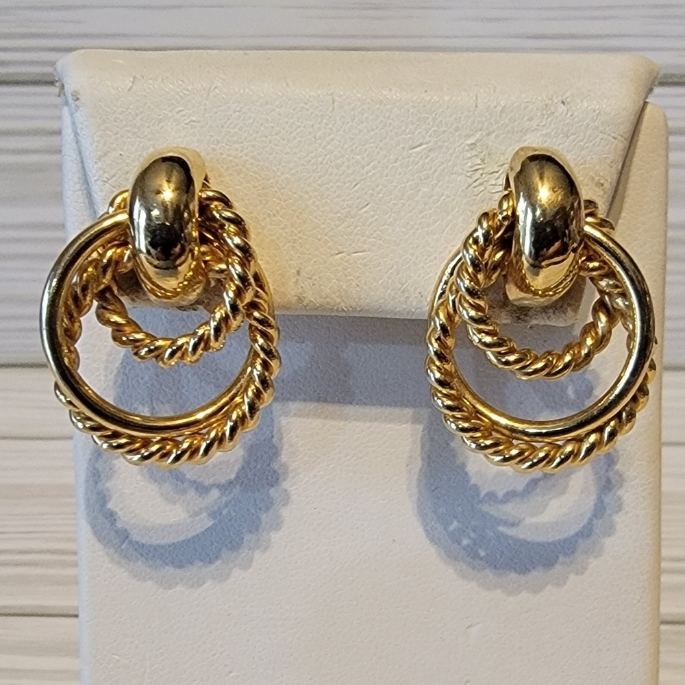 Vintage Signed O.S. Gold Tone Double Hoop Rope Twist Pierced Earrings